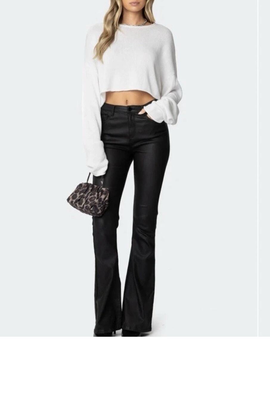 Edikted Luna Black Faux Leather Flare Jeans Size Medium Festival Boho Grunge 90